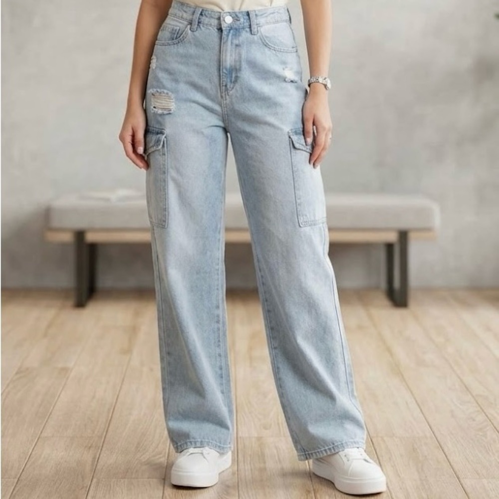 Indigo Rein High Rise Distressed Cargo Jeans Wide Leg Light Wash Distressed Y2K